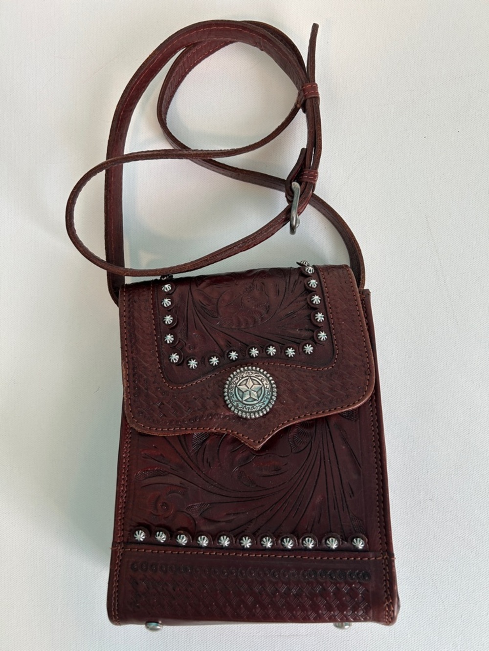 American West Hand-Tooled Brown Leather Crossbody Bag with Concho Accent